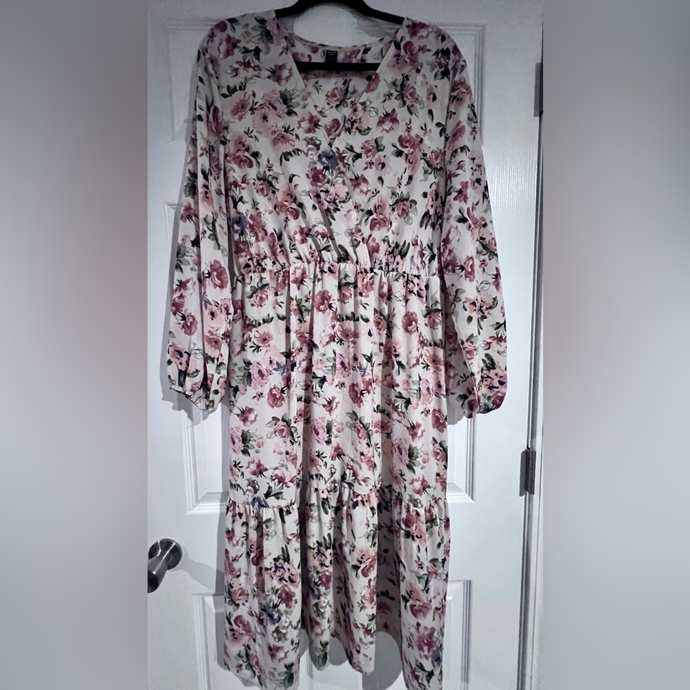 SHEIN Floral Long Sleeve Tiered Midi Dress - Cream with Pink Roses
